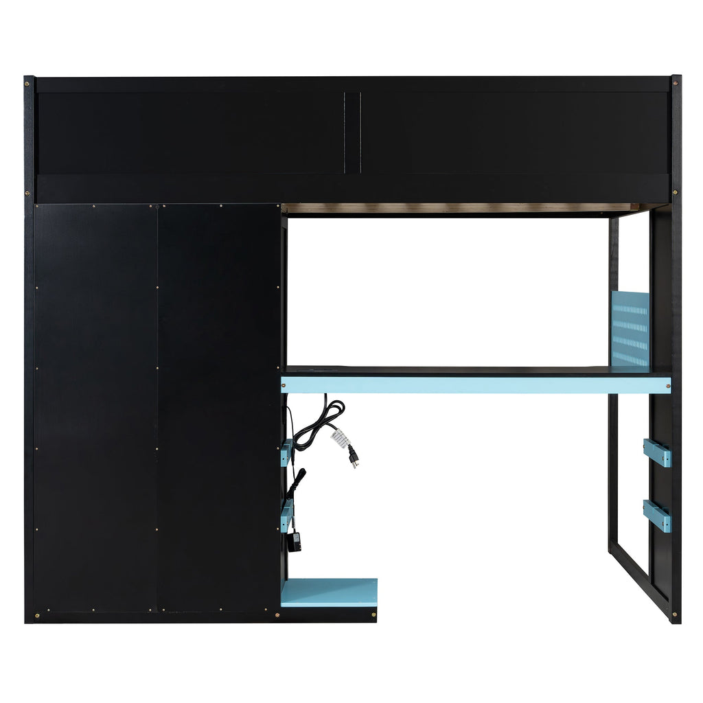 Full Size Wood Loft Bed with Desk, Multi-storage Shelves, USB and RGB Light