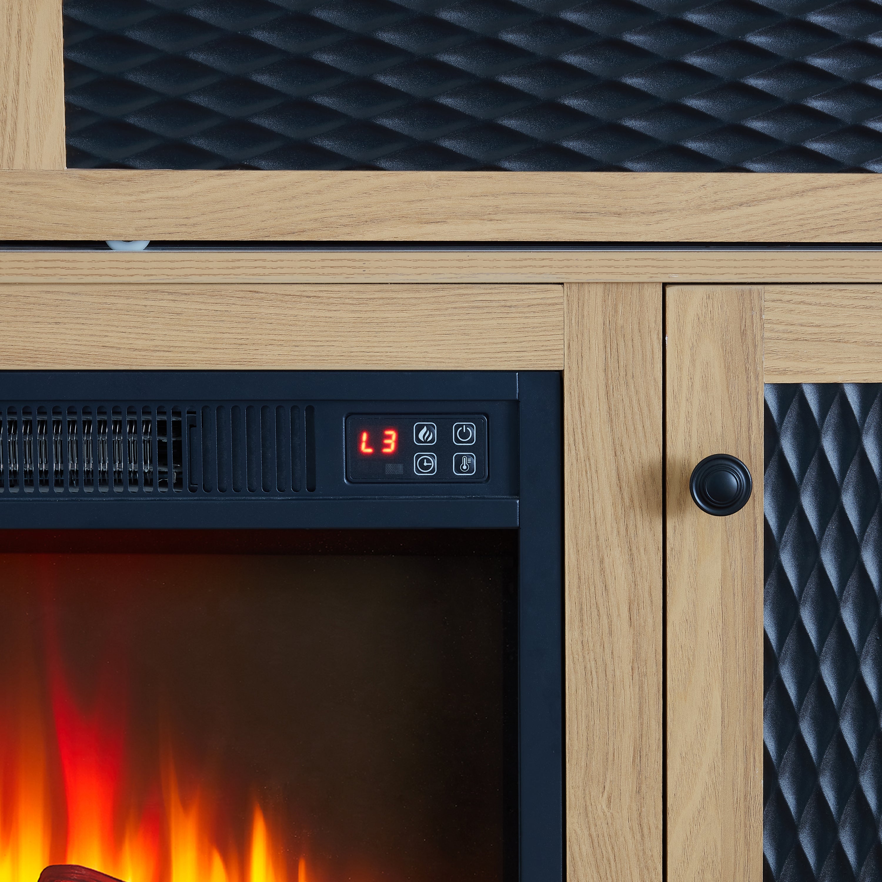 TV Stand Fireplace Light Oak MDF Embossed Doors 1400W Fits 65 In TV 58.27 In