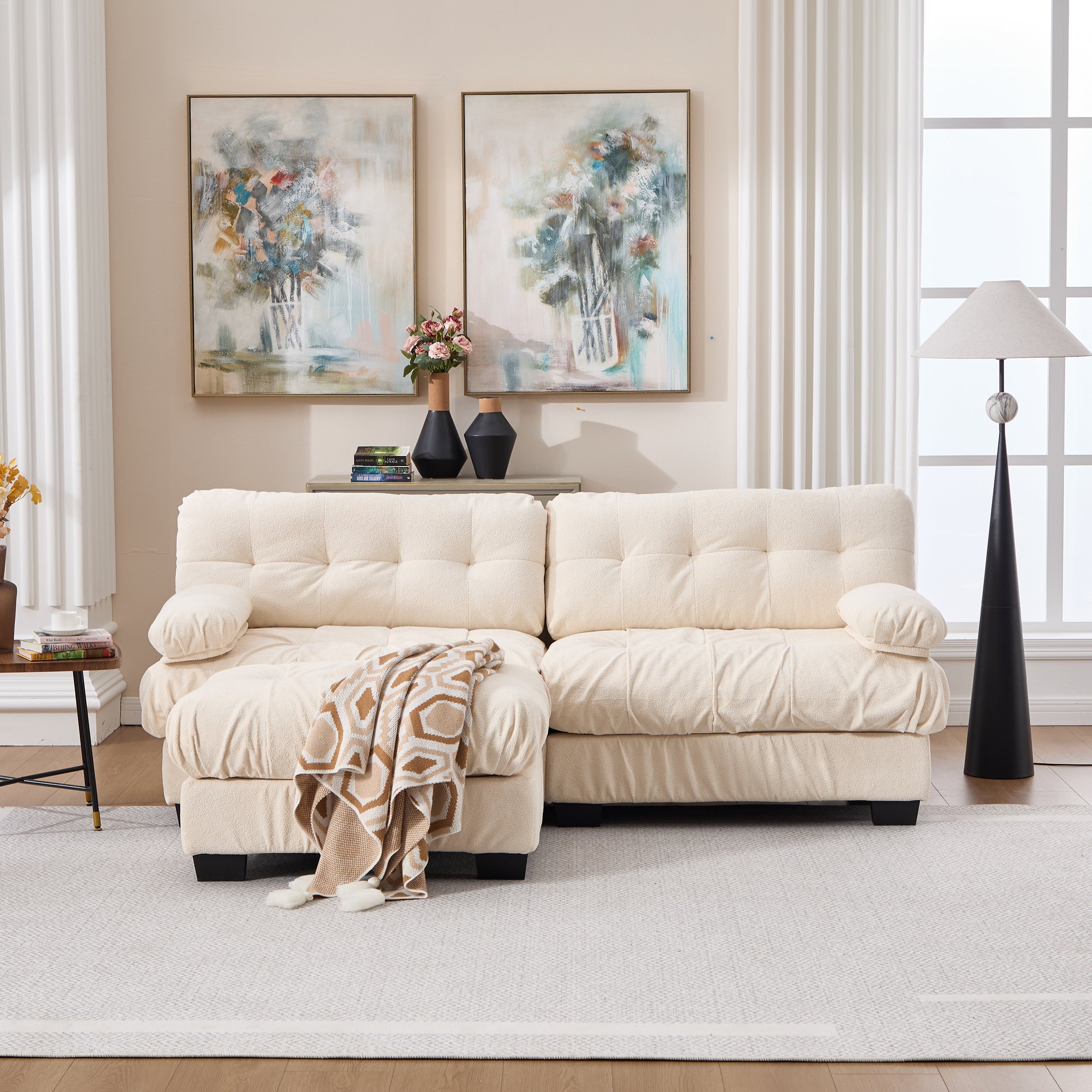 Sectional Sofa L-Shape Cloud Flannelette Beige 3 Seat 88 In 4 Pillows