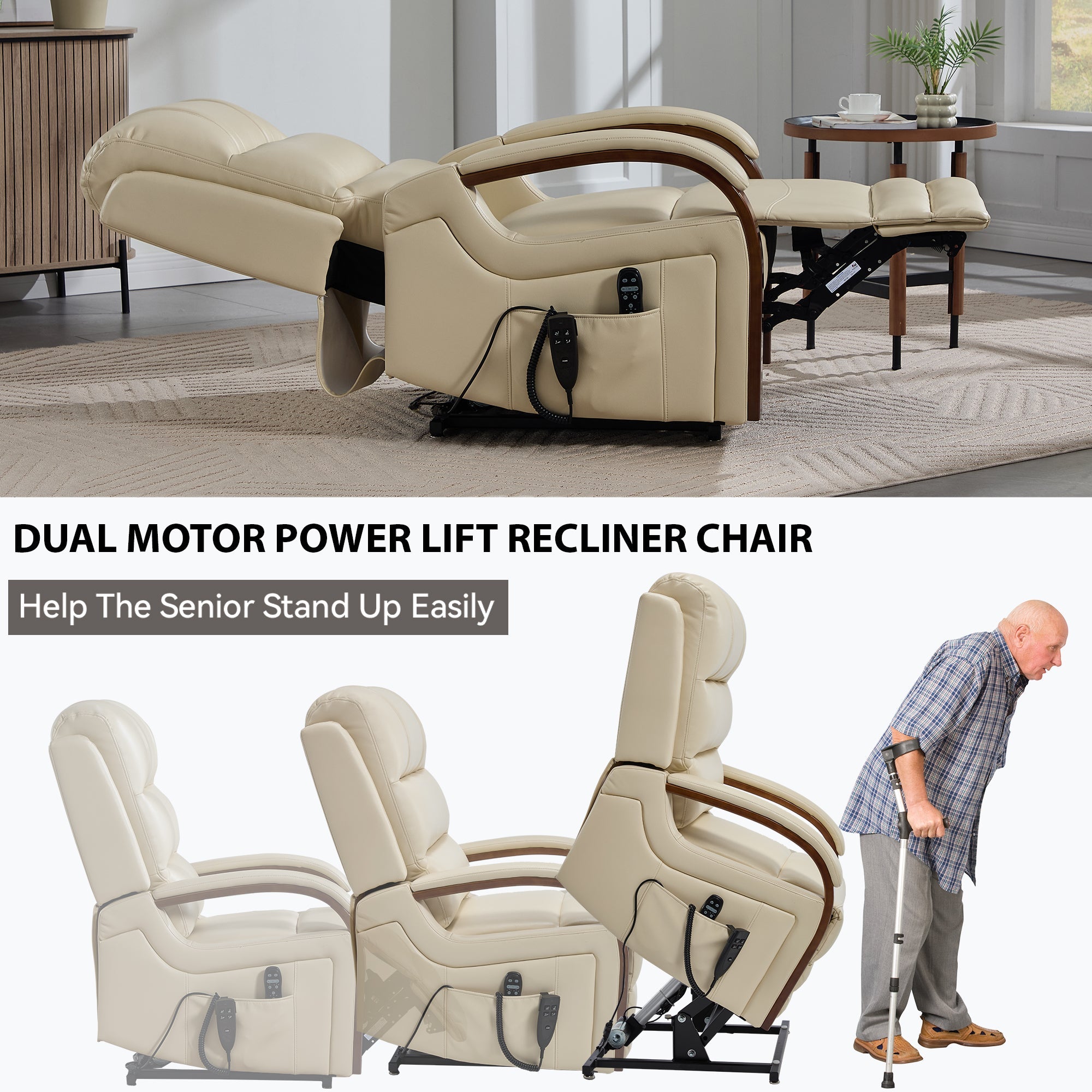Lift Recliner Chair Power Chenille Beige Heat Massage 350lb