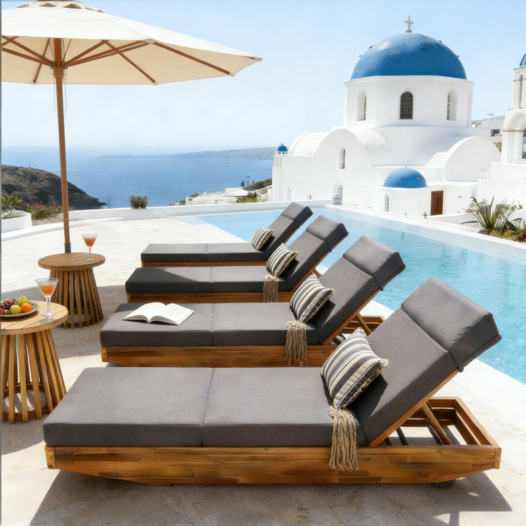 Outdoor Chaise Lounge Acacia Wood Teak Dark Gray Cushion Foldable 300 LB