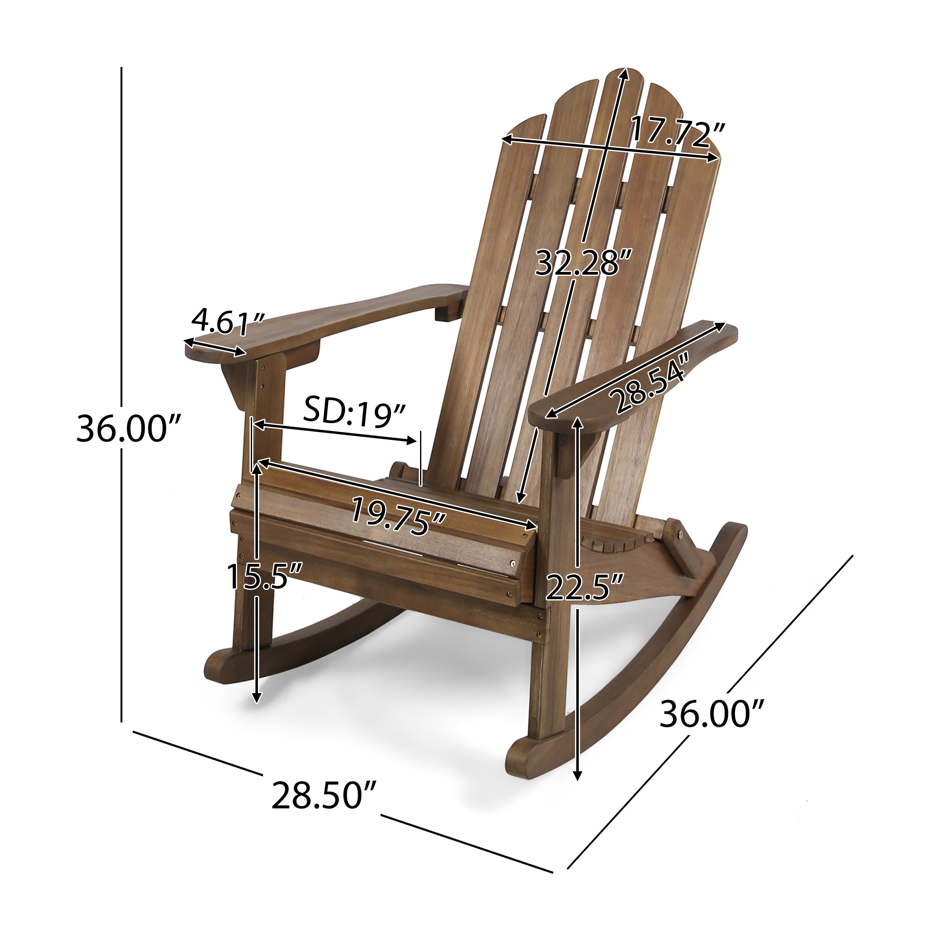 Acacia Wood Adirondack Rocking Chair Dark Brown 28.5x36