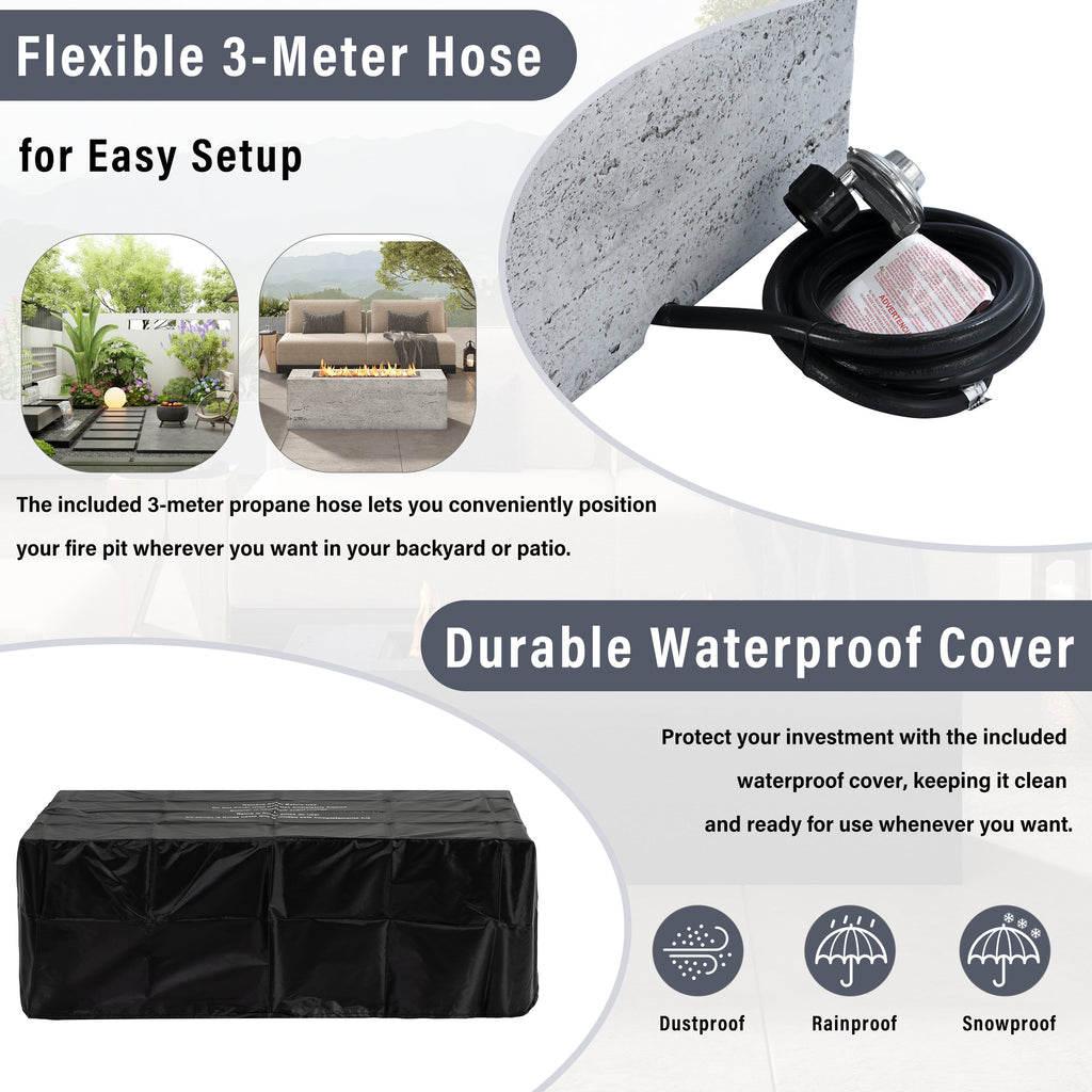 Fire Pit Propane Rectangular MGO Gray 40000 BTU with Tank Cover 41.9 In
