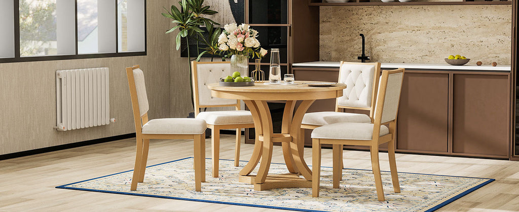 5-Piece Retro Functional Dining Table Set Extendable Round Table and 4