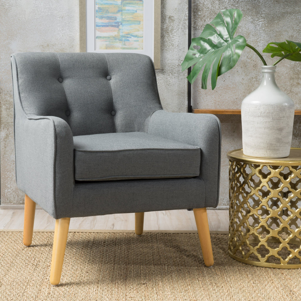 Accent Chair Mid-Century Charcoal Fabric Tufted Back Wood Legs 25x30x31 In