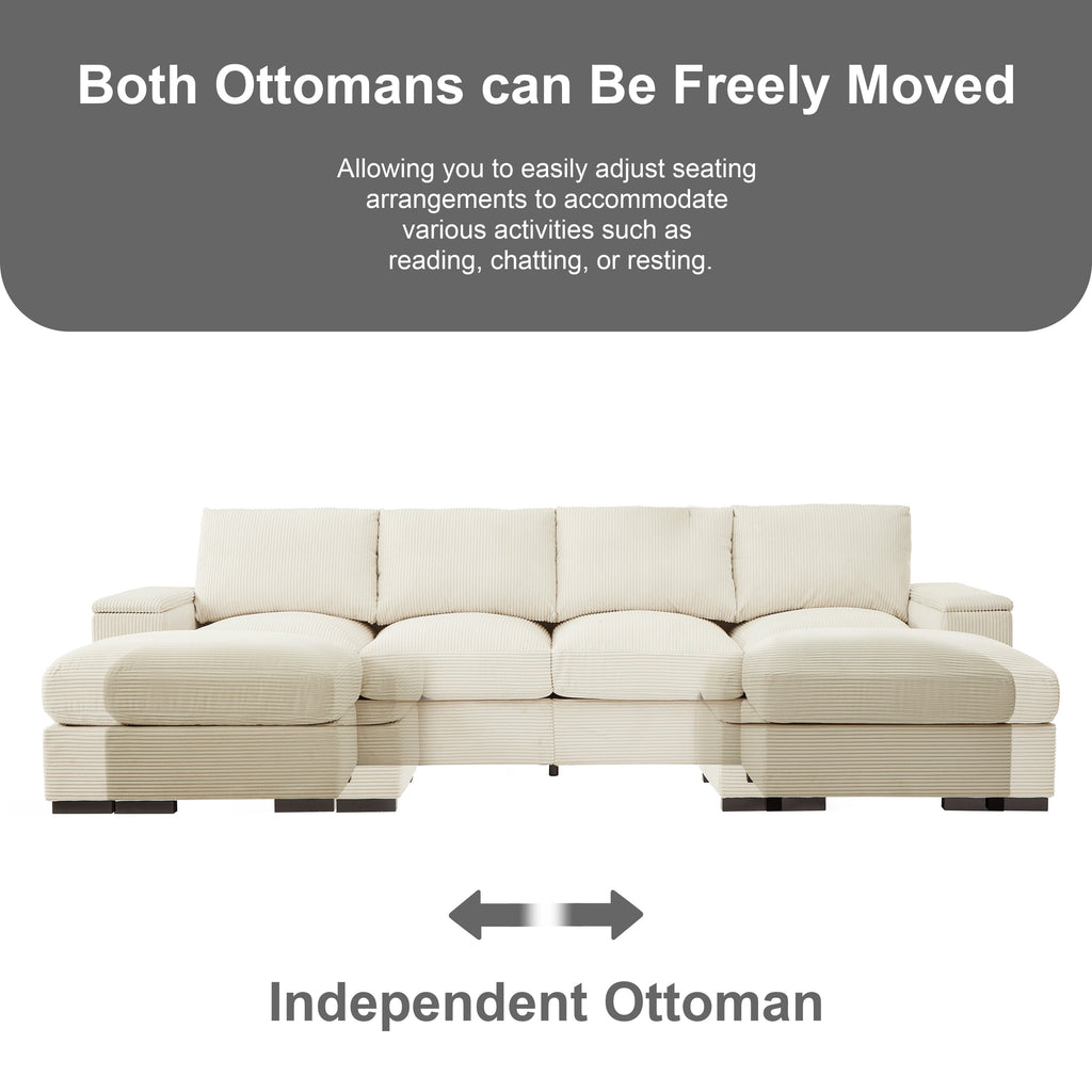 Sectional Sofa U-Shape Corduroy Beige 4 Seat 122 In 2 Ottomans