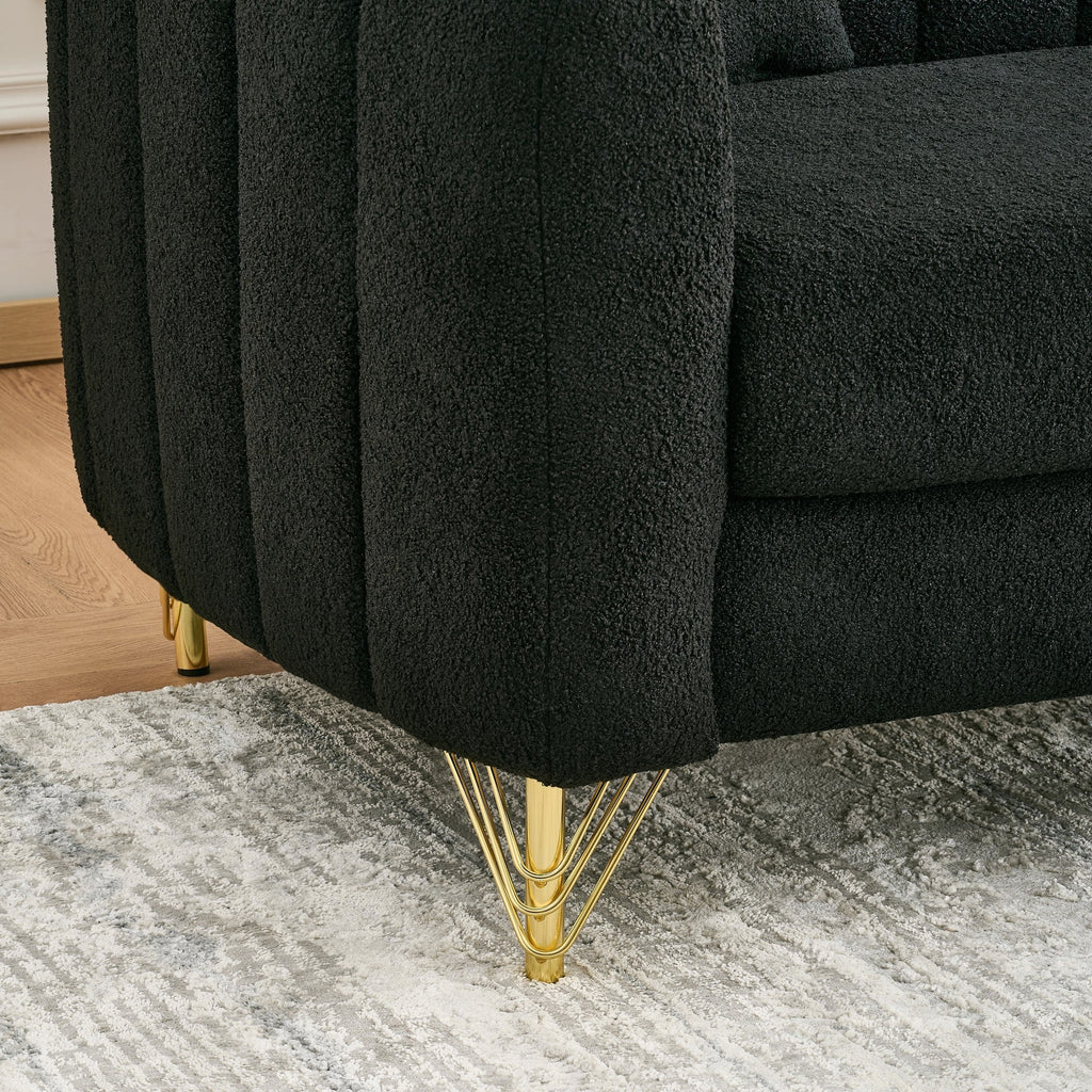 Loveseat Modern Chenille Black Gold Metal Legs 2 Seat 63 In 500 LB