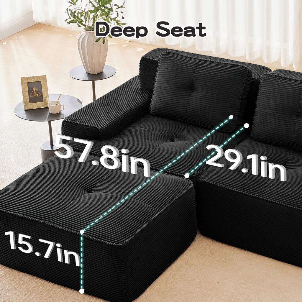 Sectional Sofa Modular Corduroy Black 3 Seat Tufted No Assembly
