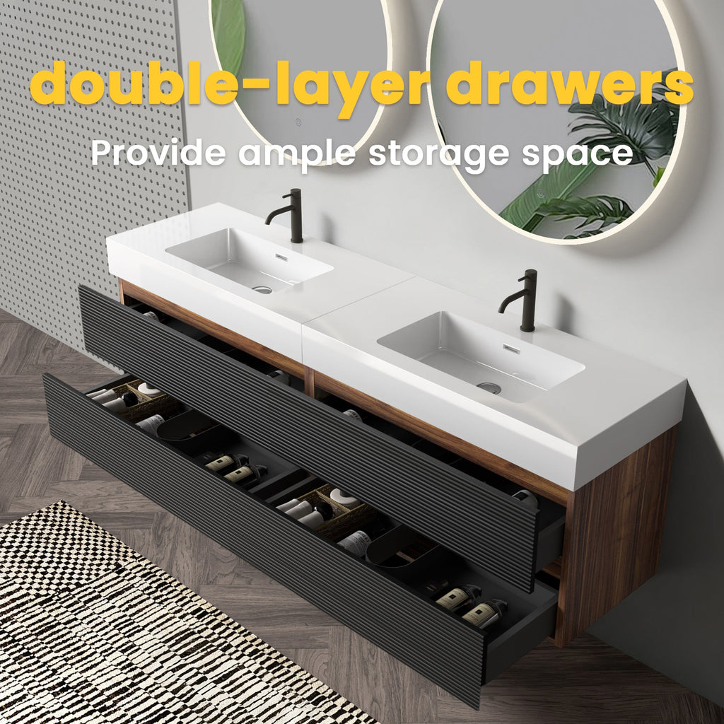 72'' Double Bathroom Vanity with Matt Black Quartz Sink Soft Black Drawers Wall Mount