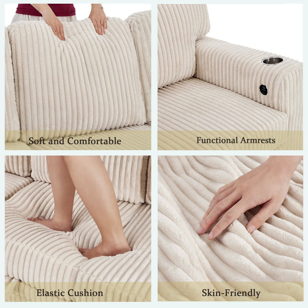 Sofa Bed L-Shape Corduroy Beige 5 Seat Pull-Out USB Ports 81 In