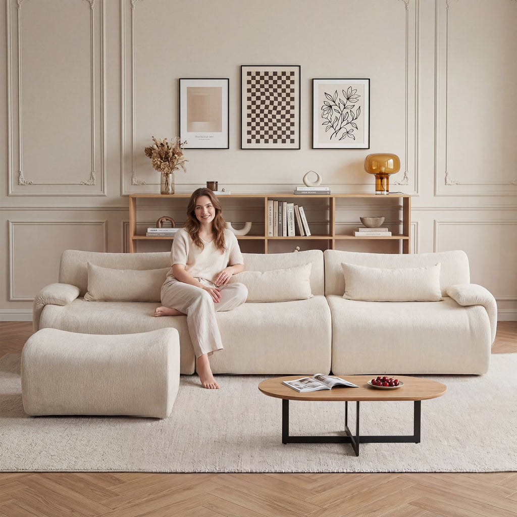 Sofa Curved White 3 Seat Anti-Slip 118 In No Assembly High-Density Foam