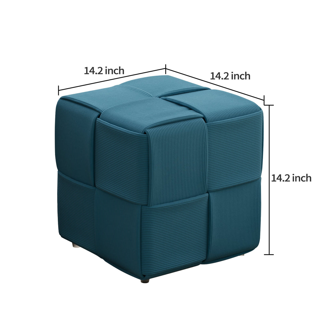 Square Corduroy Ottoman Foot Rest with Soft Comfort and Sturdy Design in Blue,