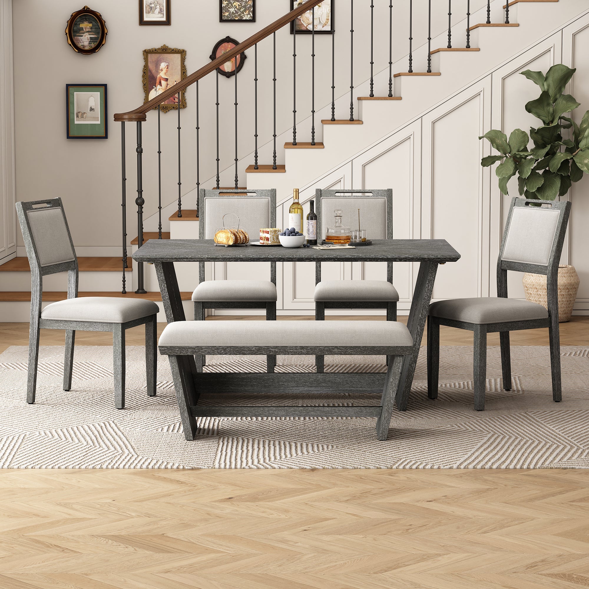 6-Piece Retro Dining Table Set for 6, 60' Wood Kitchen Table and Chairs Set of