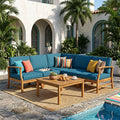 PERLA 6-Piece Outdoor Sectional Sofa Set, Acacia Wood Frame, Blue Cushions
