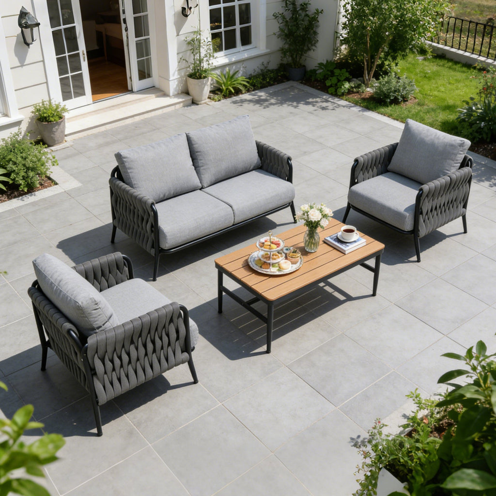 Outdoor Conversation Set Woven Rope Black Gray 4 Piece Olefin Cushions