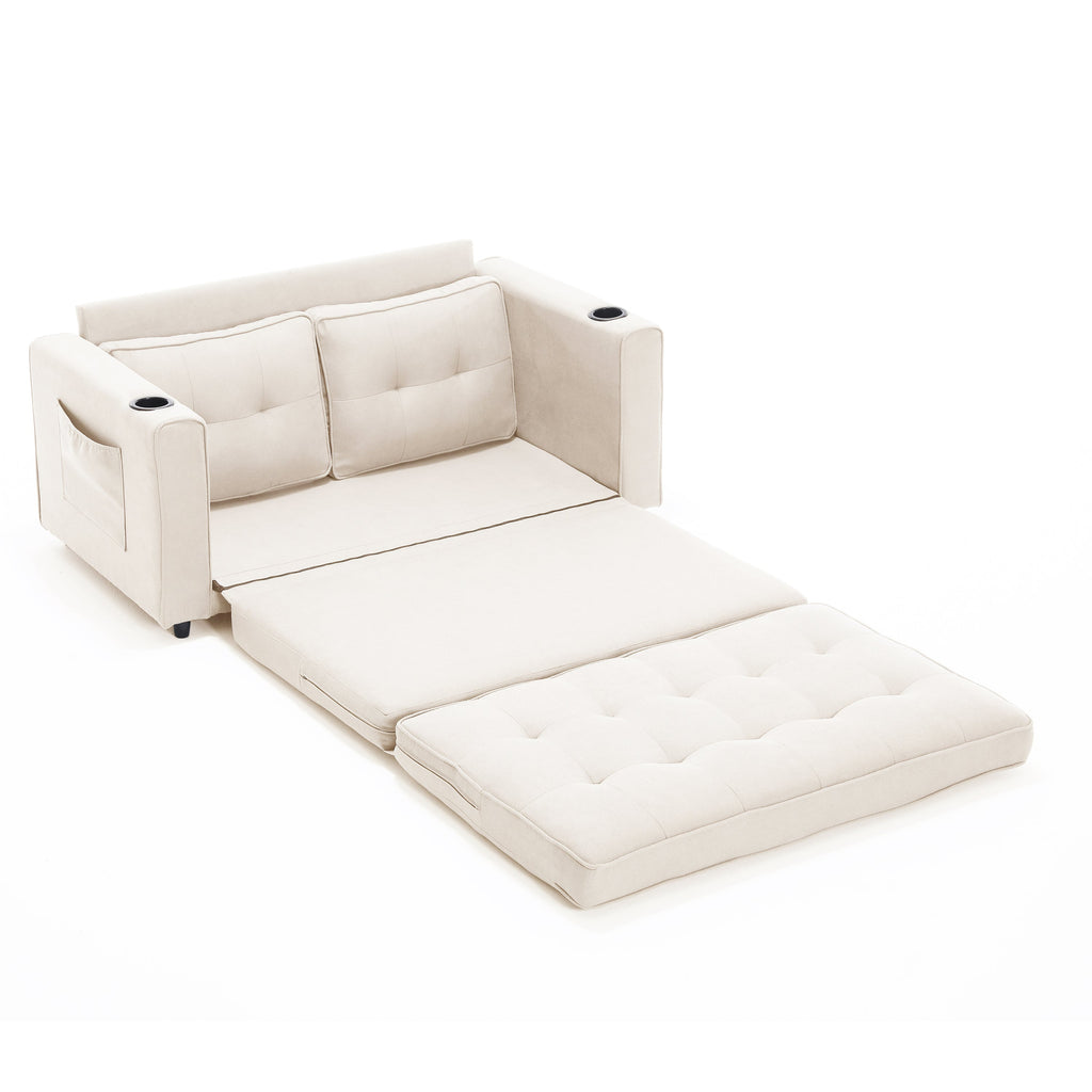 Sofa Bed Futon Tufted 3-in-1 Beige Pull-Out Sleeper Cup Holders 55 In