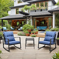 Outdoor Bistro Set Wicker Iron Blue 3 Piece Rocking Chairs Cushions Seats 2