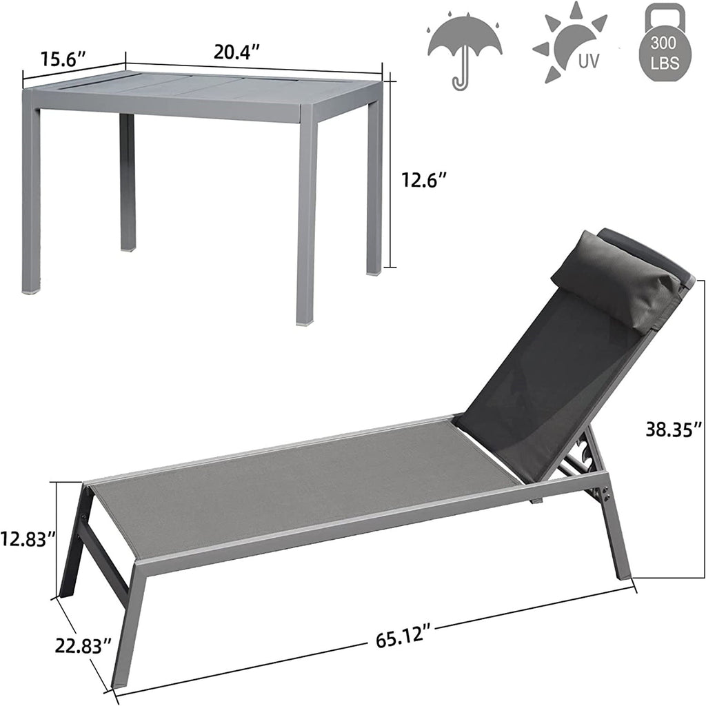 3 Piece Aluminum Chaise Lounge Set Gray Textilene 5 Position