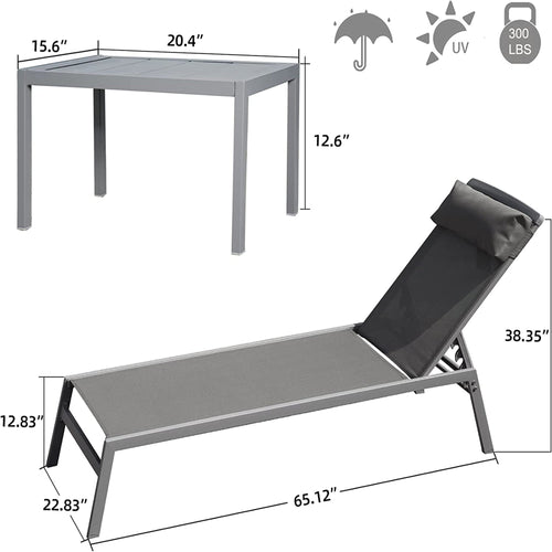 3 Piece Aluminum Chaise Lounge Set Gray Textilene 5 Position