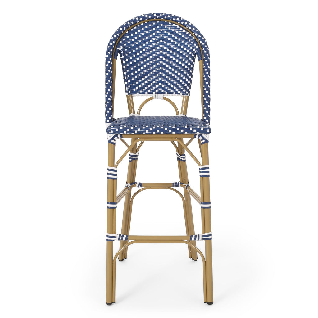 Outdoor PE Rattan French Barstool Set, Dark Teal and White, Aluminum Frame,