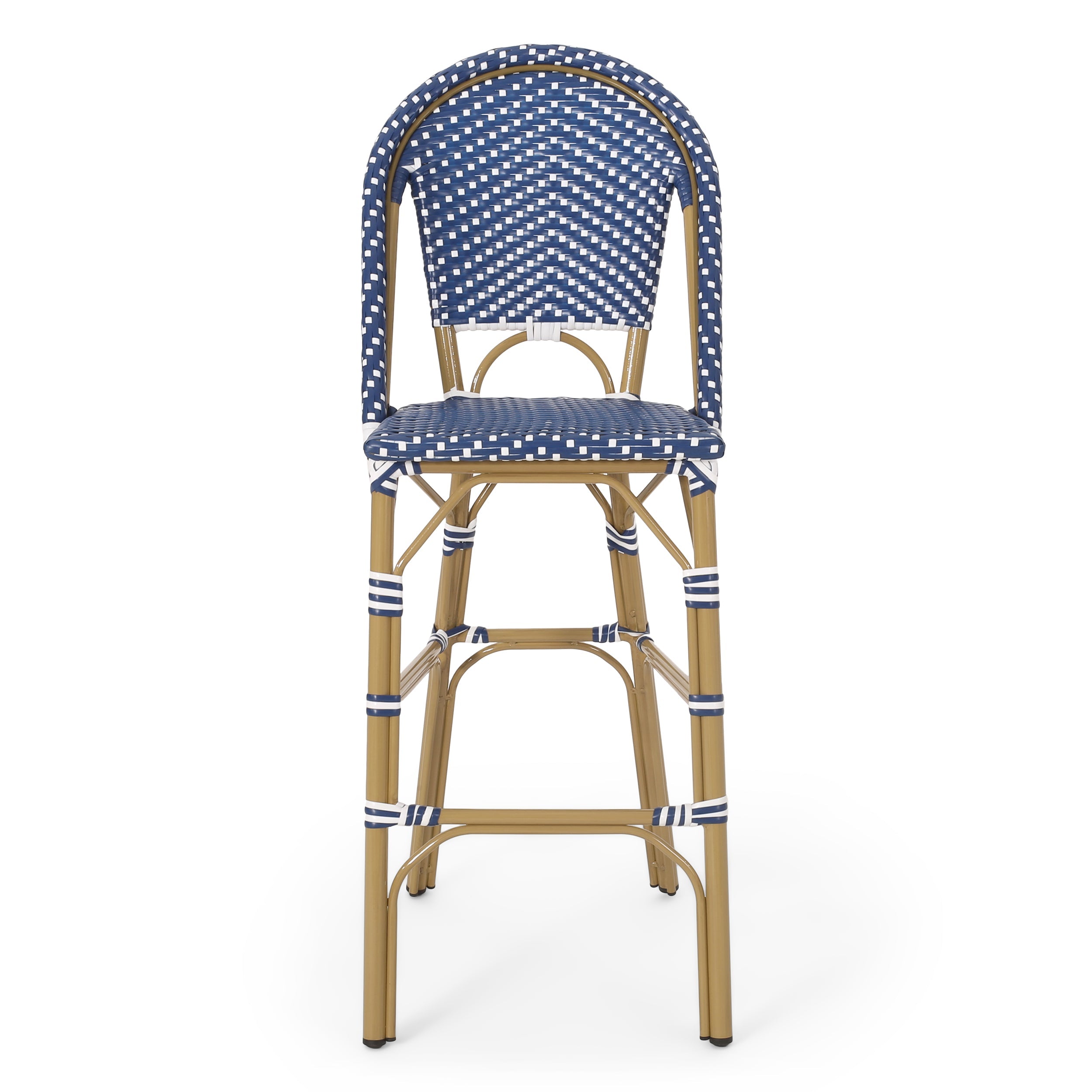 Outdoor PE Rattan French Barstool Set, Dark Teal and White, Aluminum Frame,