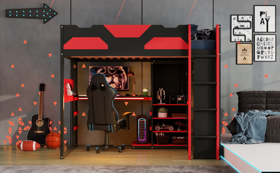 Full Size Wood Loft Bed with Desk, Multi-storage Shelves,USB and RGB Light, Red