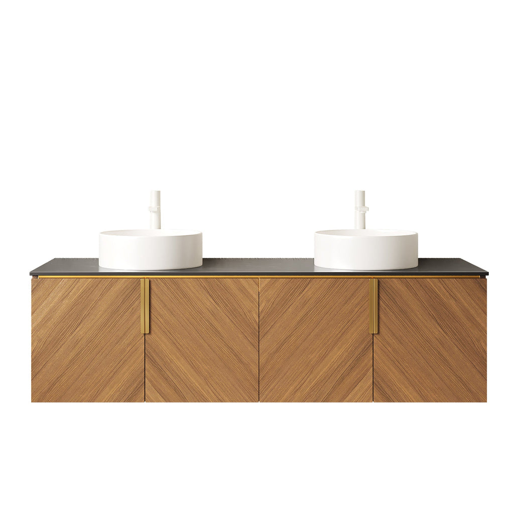 60' Bathroom Vanity with Sinks, Floating Wall-Mounted Plywood 4 Doors Black Stone Top