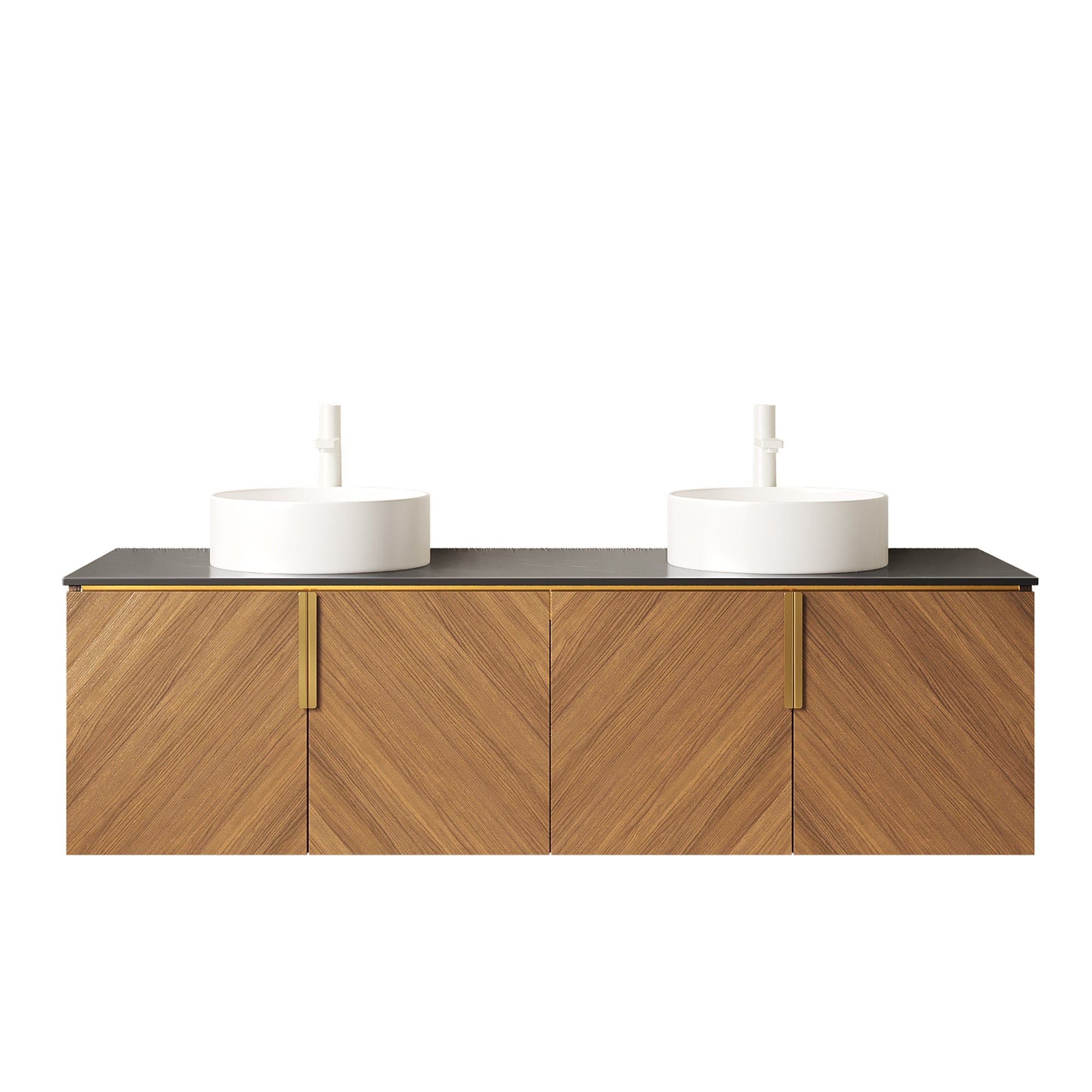 60' Bathroom Vanity with Sinks, Floating Wall-Mounted Plywood 4 Doors Black Stone Top
