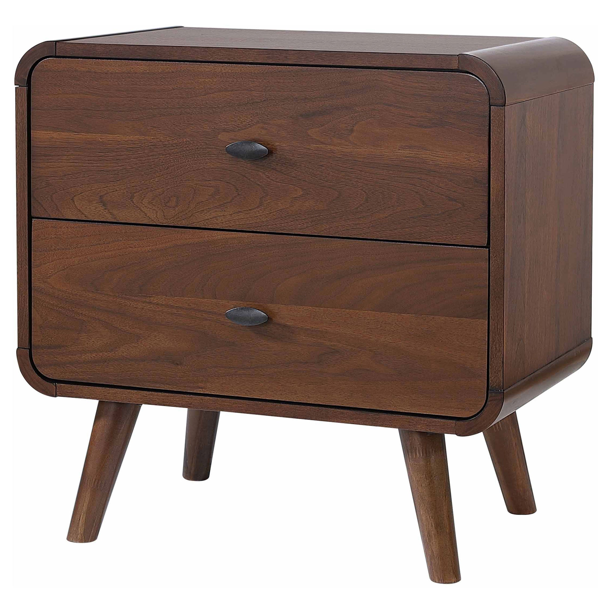 Nightstand Mid-Century Modern Dark Walnut 2-Drawer Gunmetal Hardware 27 In