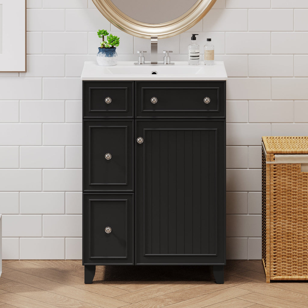 Transitional Bathroom Vanity Cabinet with Ceramic Sink, 24-Inch, Black, Solid...