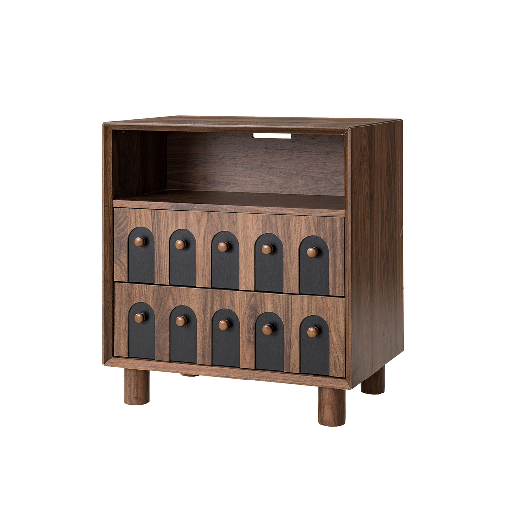 Modern Nightstand with Charging Station, 2 Drawers, Curve Mirror Design, 26 in