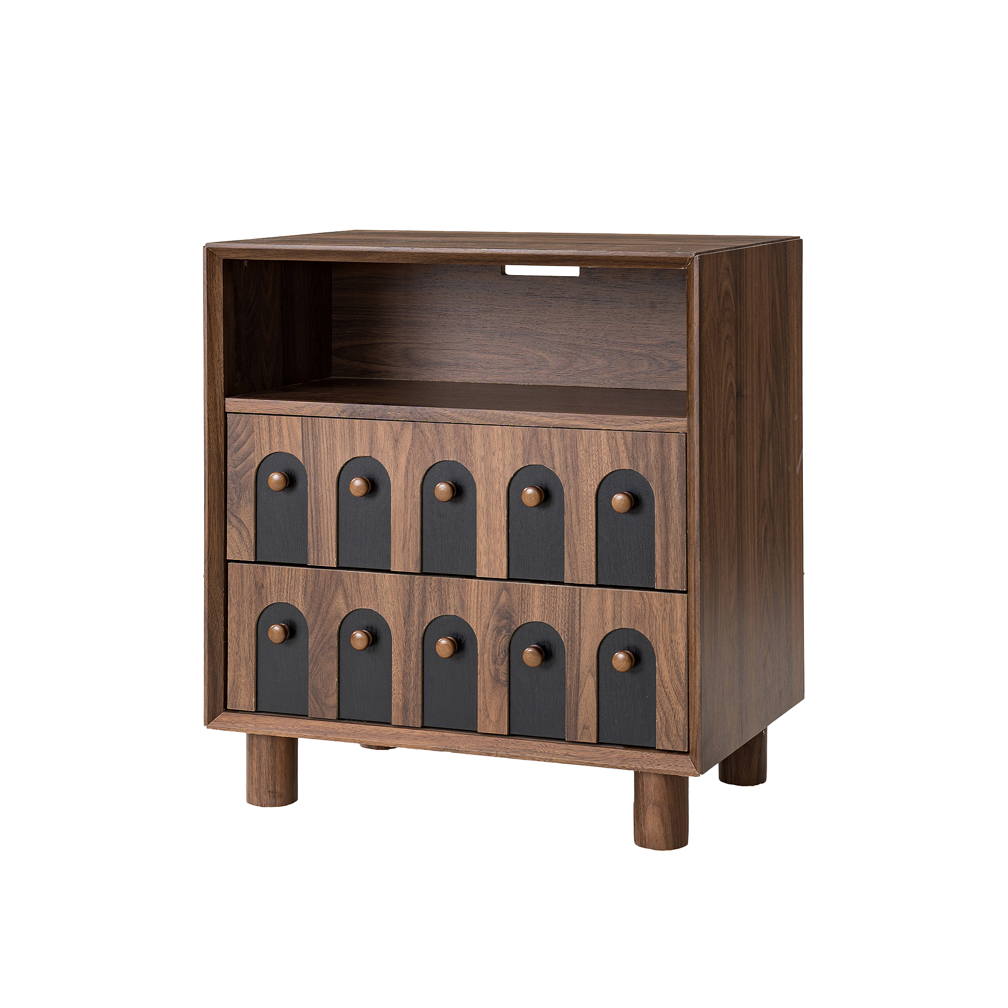 Modern Nightstand with Charging Station, 2 Drawers, Curve Mirror Design, 26 in