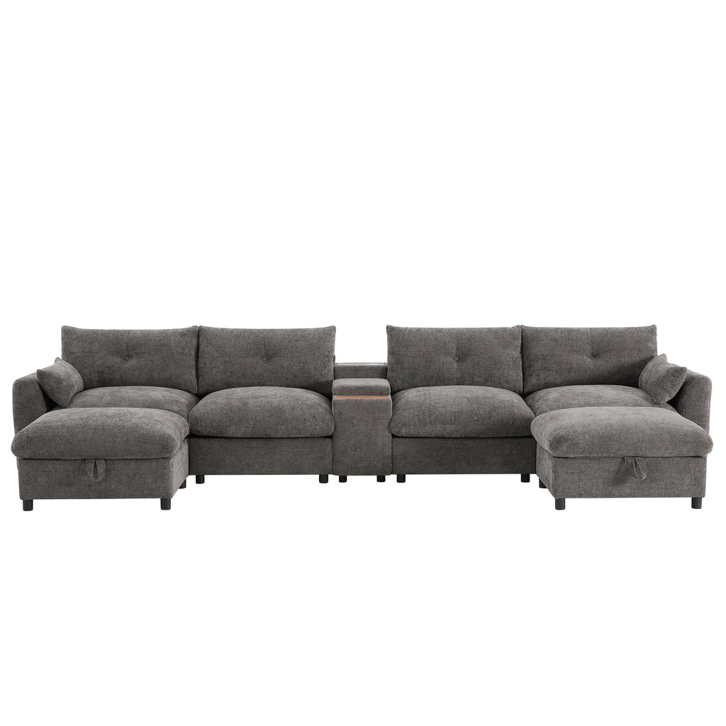 Sectional Sofa U-Shape Chenille Gray 6 Seat USB Console 136 In
