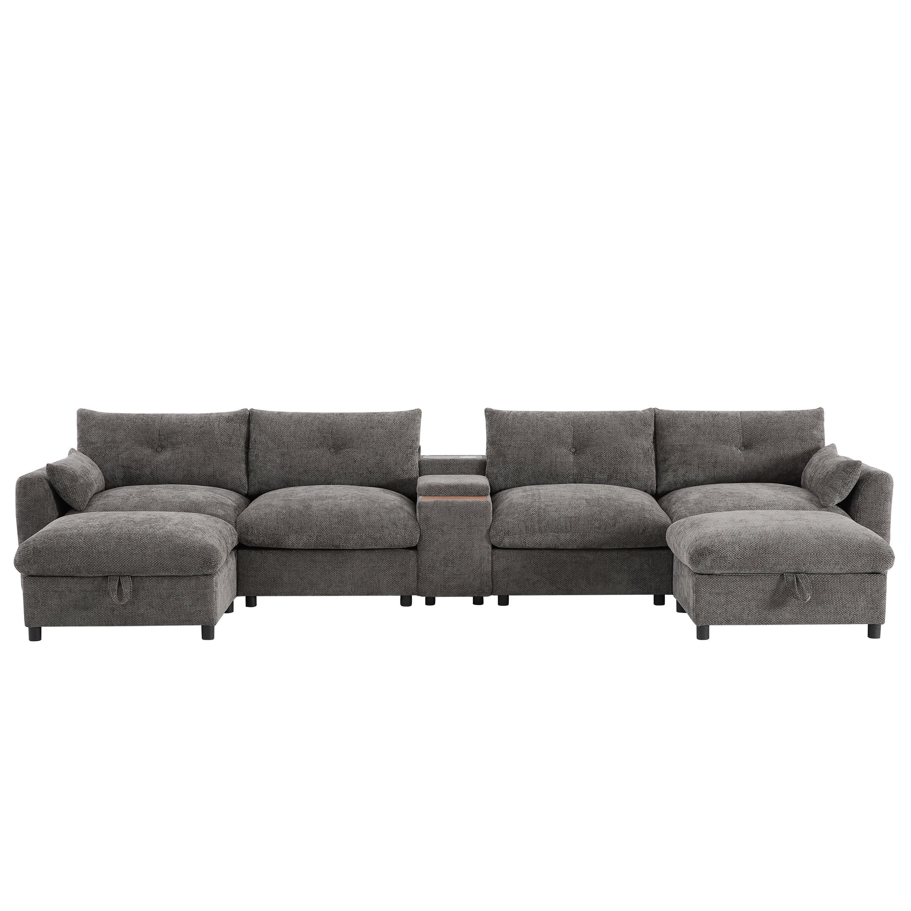 Sectional Sofa U-Shape Chenille Gray 6 Seat USB Console 136 In