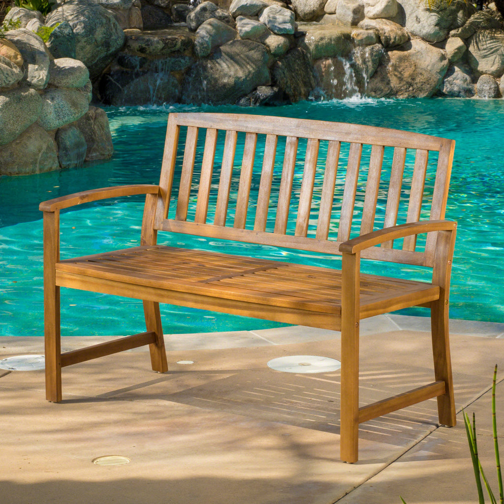 Outdoor Bench Acacia Wood Teak Finish Farmhouse Backrest 48.82x23.62 In 250 LB
