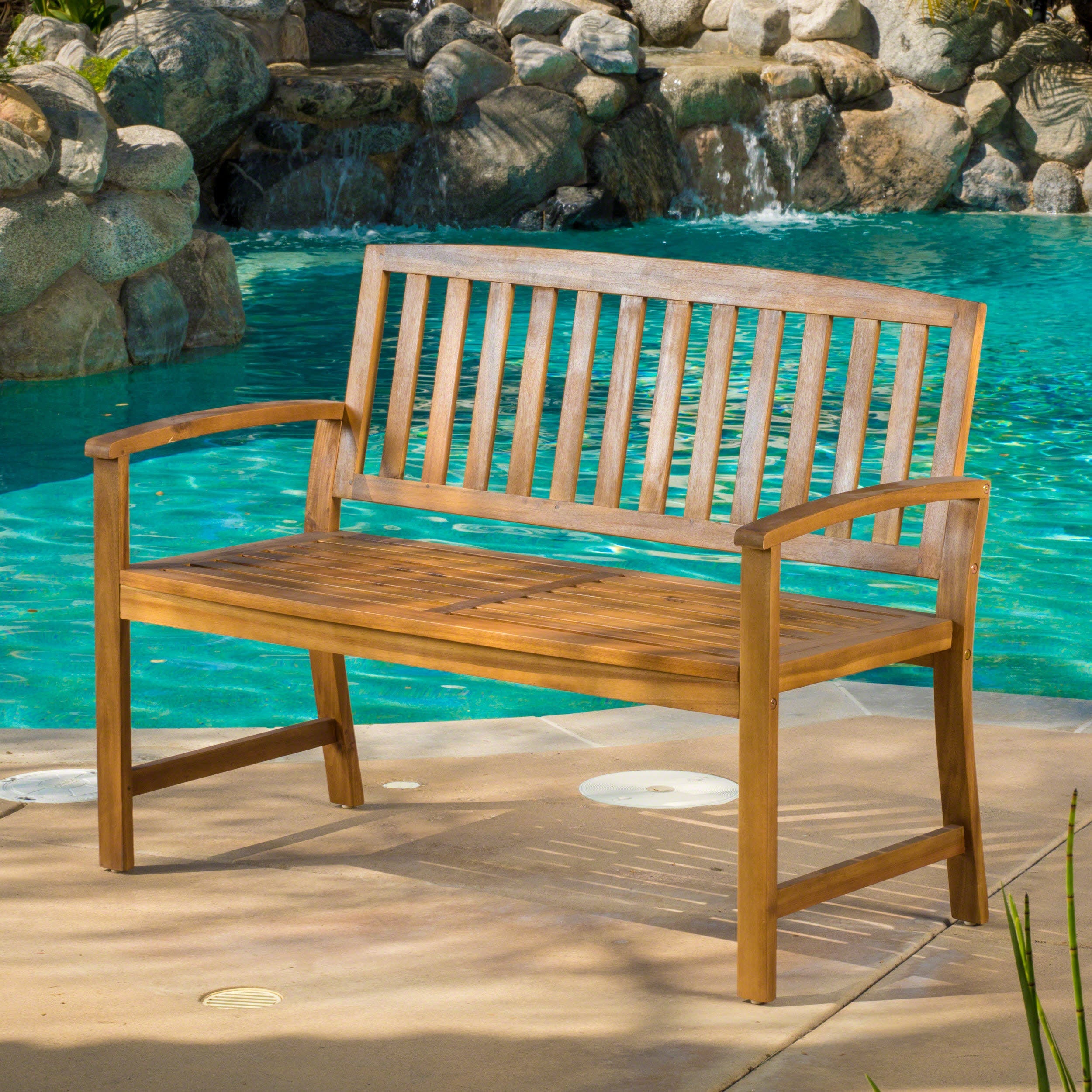 Outdoor Bench Acacia Wood Teak Finish Farmhouse Backrest 48.82x23.62 In 250 LB