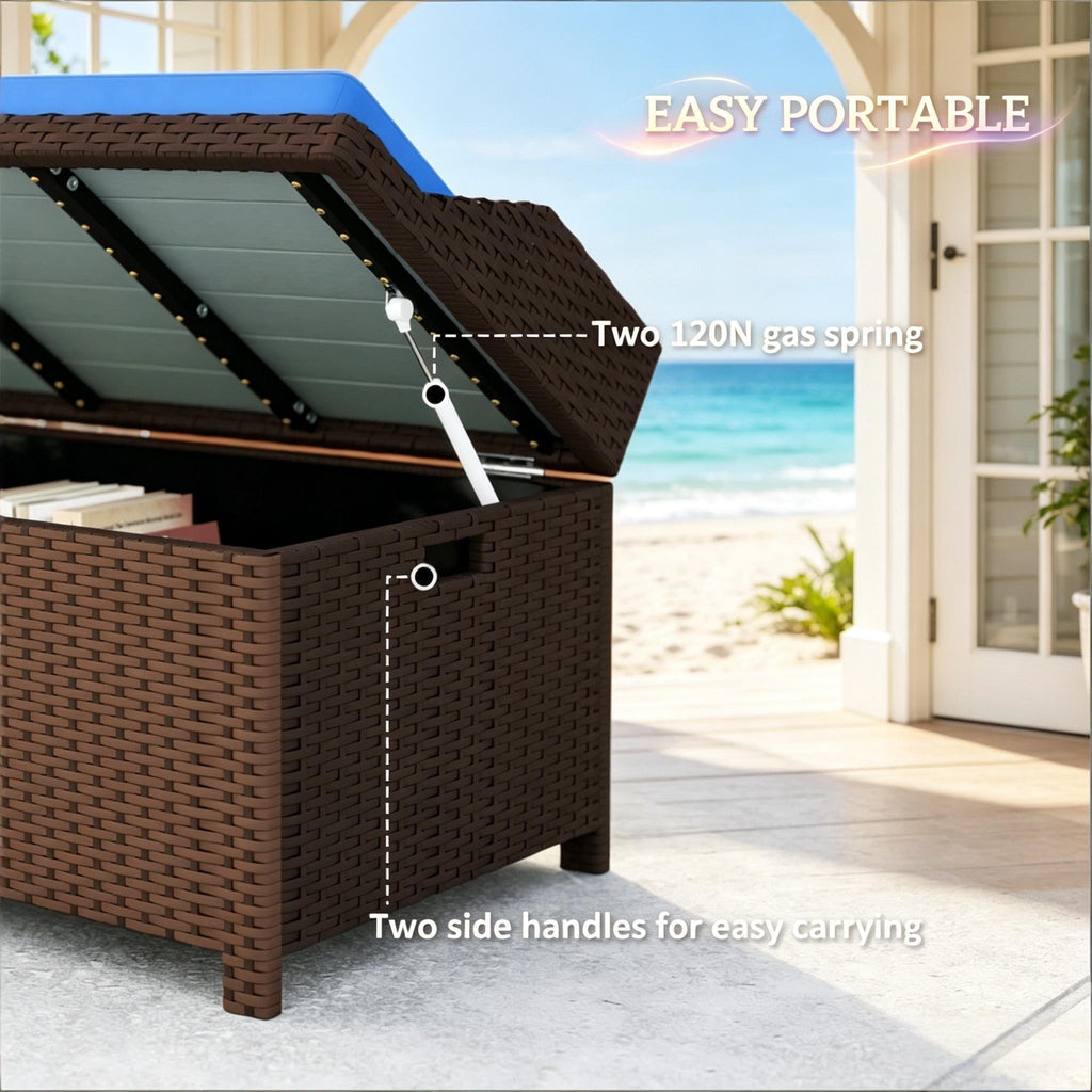 Patio Storage Bench, Garden Outdoor Wicker Storage Bench with Cushion