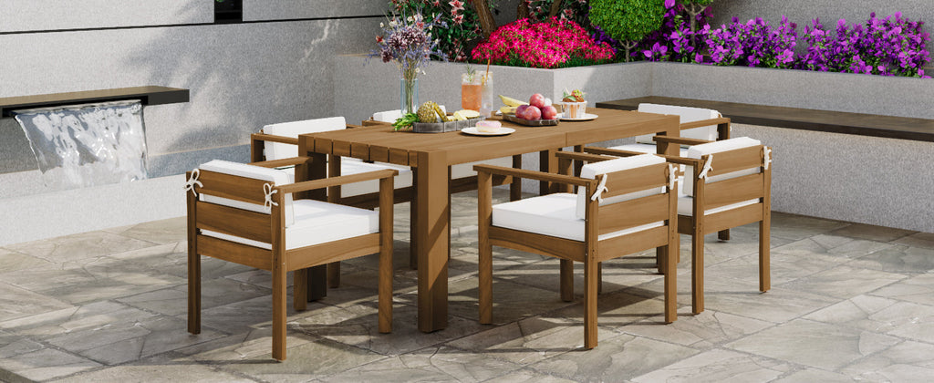 Outdoor Dining Set Acacia Wood Light Teak 7 Piece Rectangle Seats 6