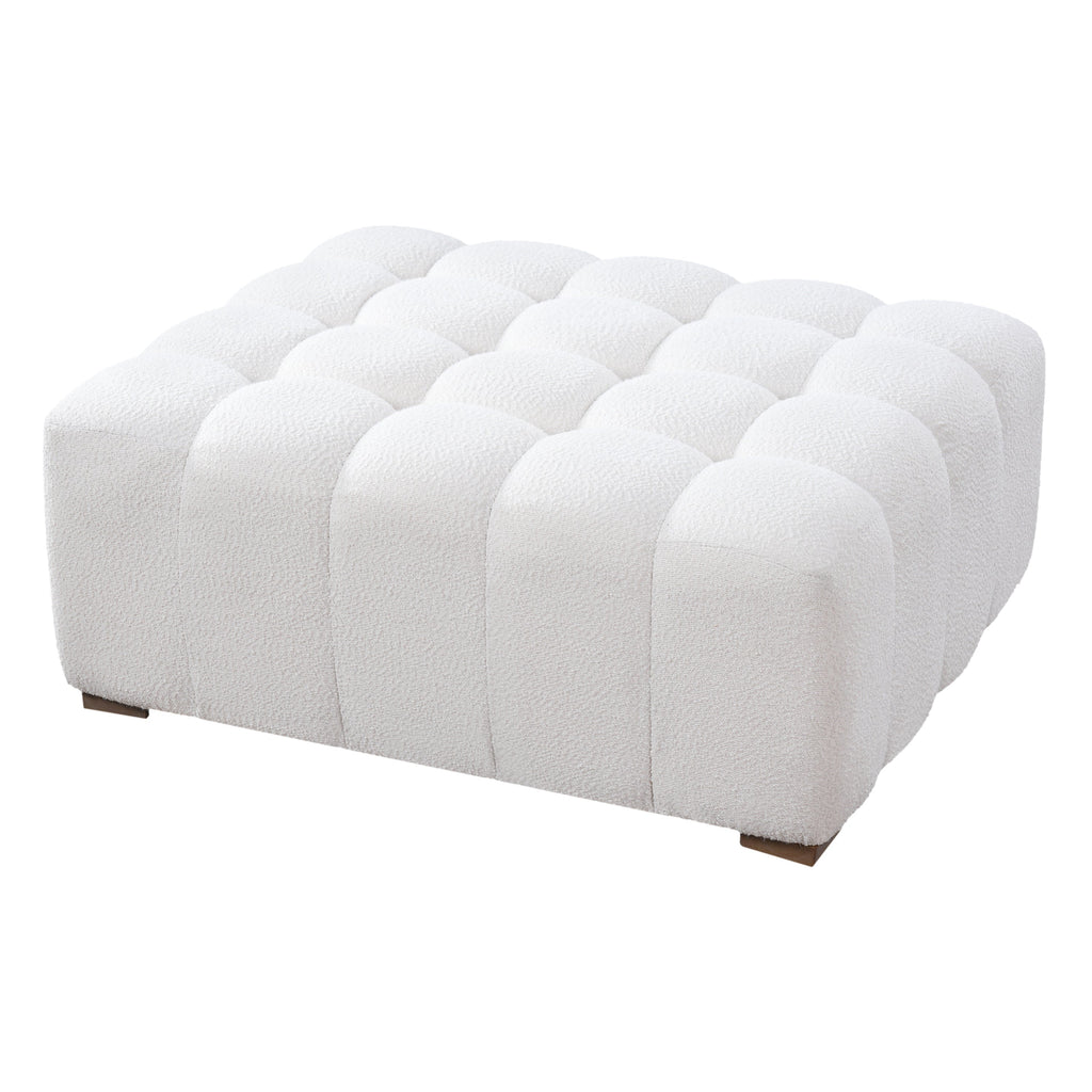 White Boucle Rectangular Ottoman Rubberwood Legs 44.5x35.5x18.5