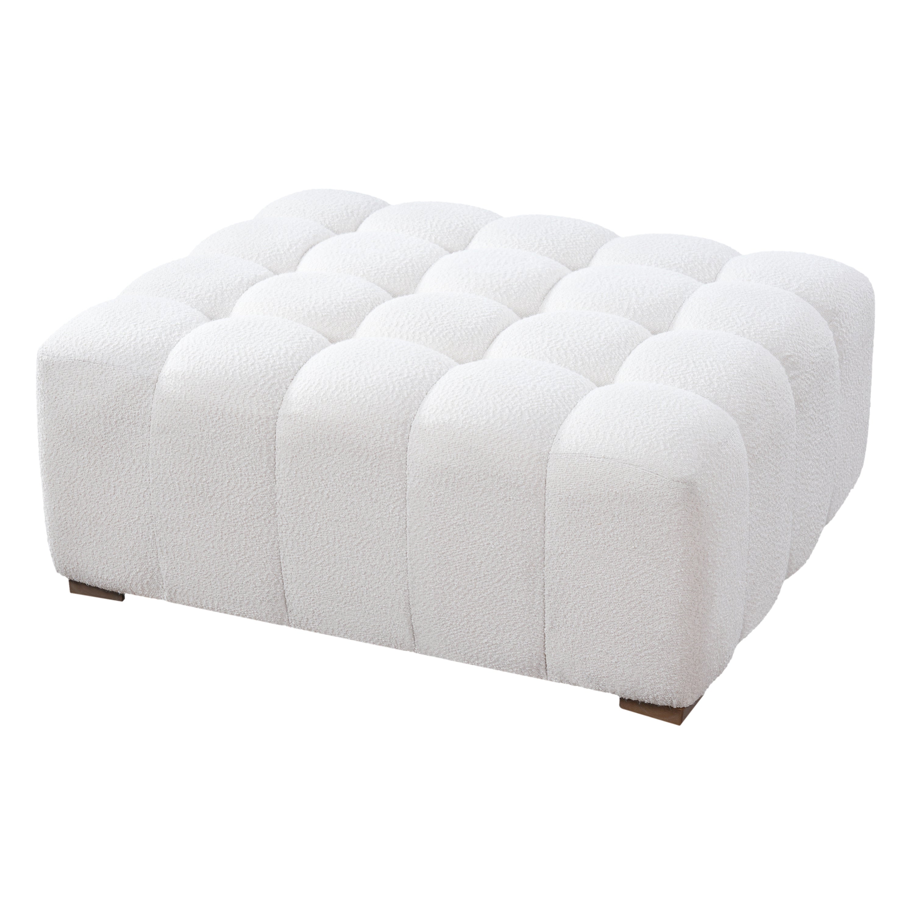 White Boucle Rectangular Ottoman Rubberwood Legs 44.5x35.5x18.5