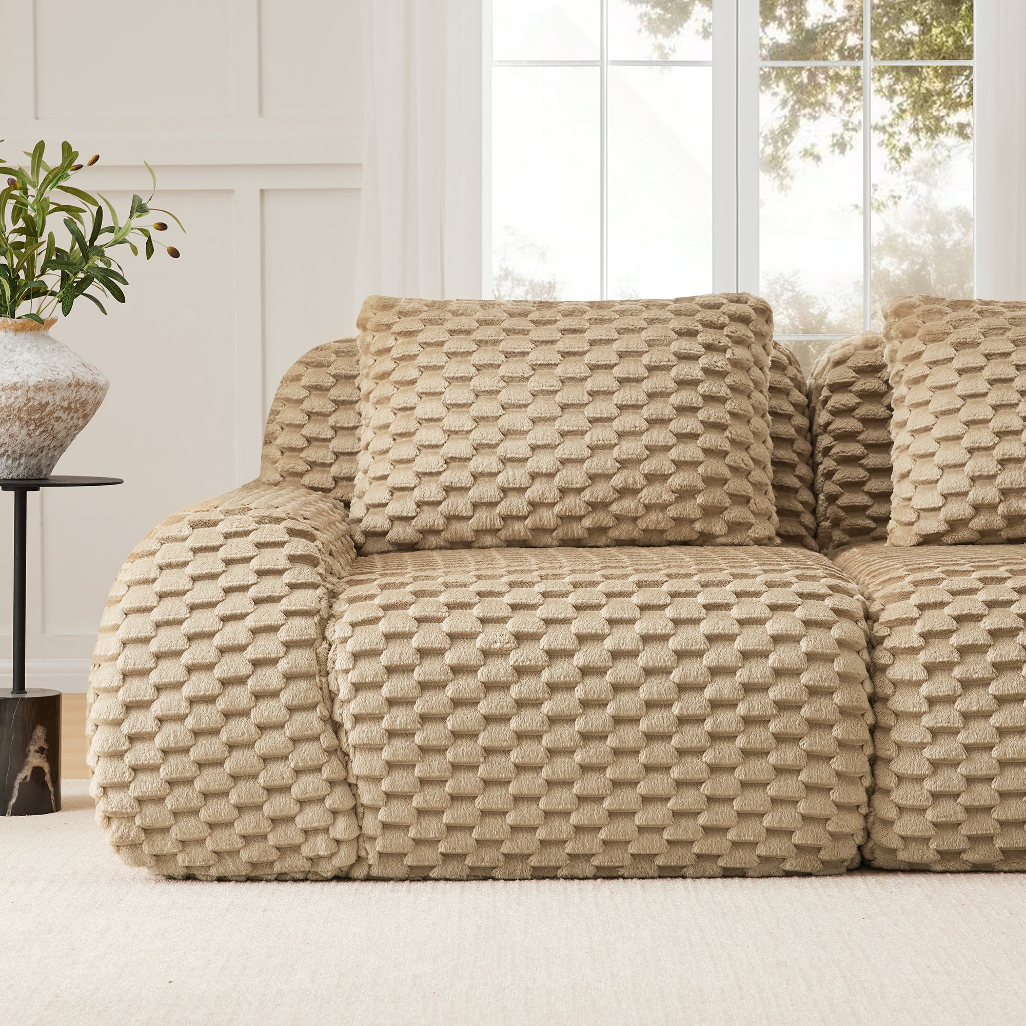 Sectional Sofa Modular Flannelette Camel 2 Seat Curved Footrest