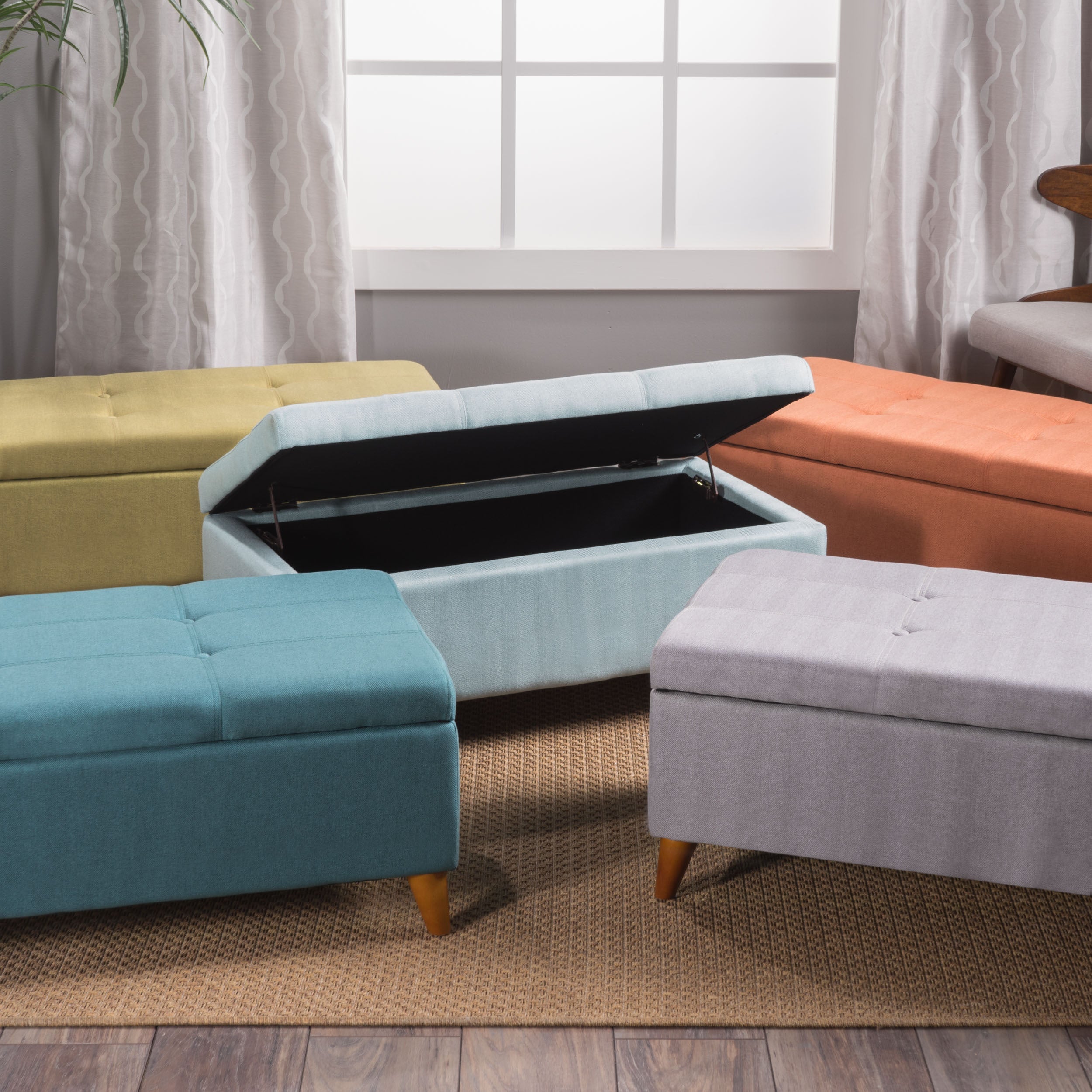 Tufted Button Storage Ottoman Bench with Hinged Lid and Solid Wood Legs