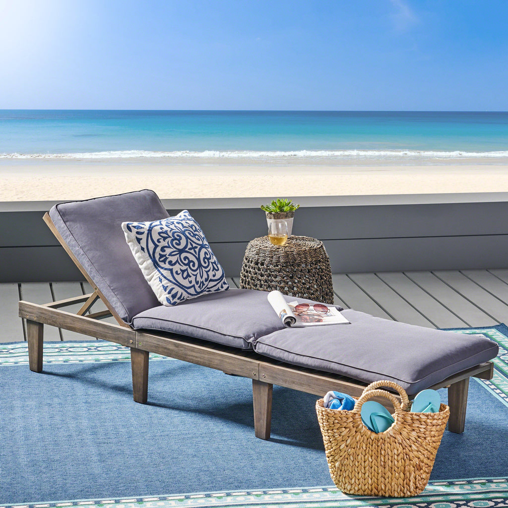 Outdoor Chaise Lounge Acacia Wood Gray Full-Length Cushion 78.75x24x30.5 In