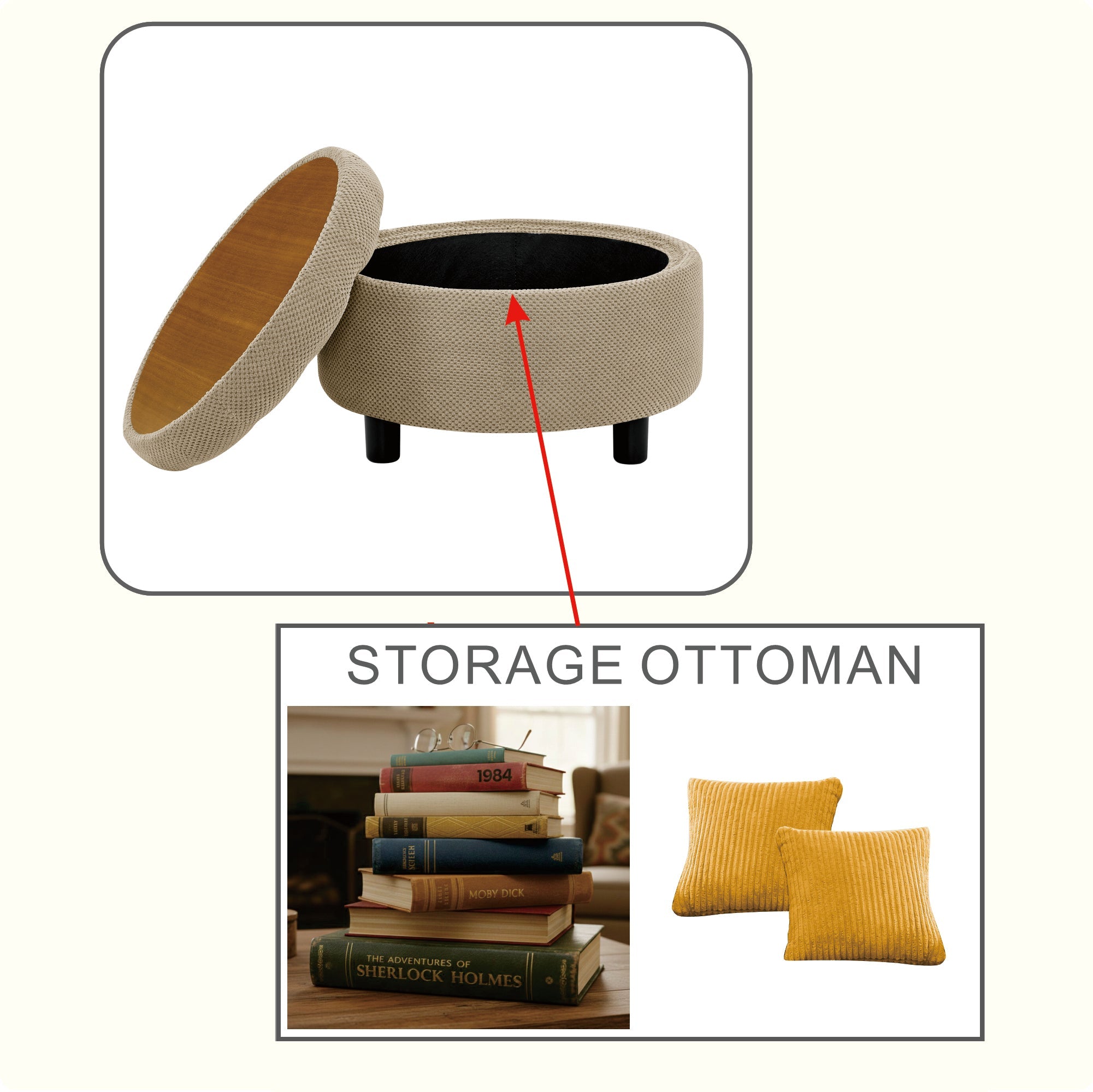 25 Inch Round Storage Ottoman with Wooden Top Side Table, Camel Fabric