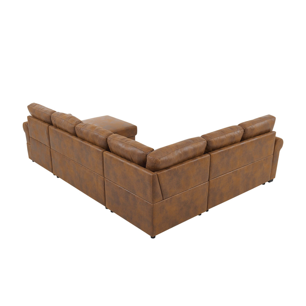 Sofa Bed U-Shape Faux Leather Brown Sleeper Storage Chaise 114 In