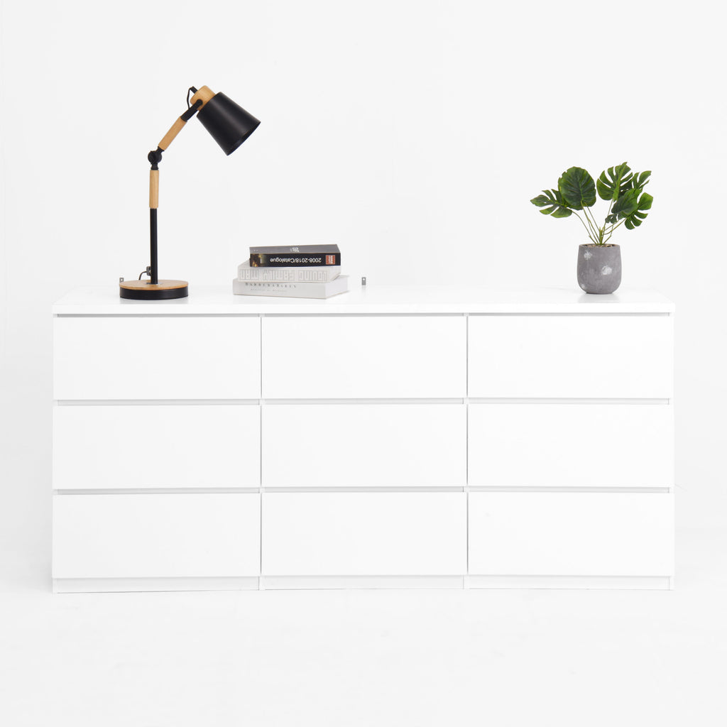Dresser Modern 9-Drawer White Particle Board Handleless 63x15.74x29.5 In