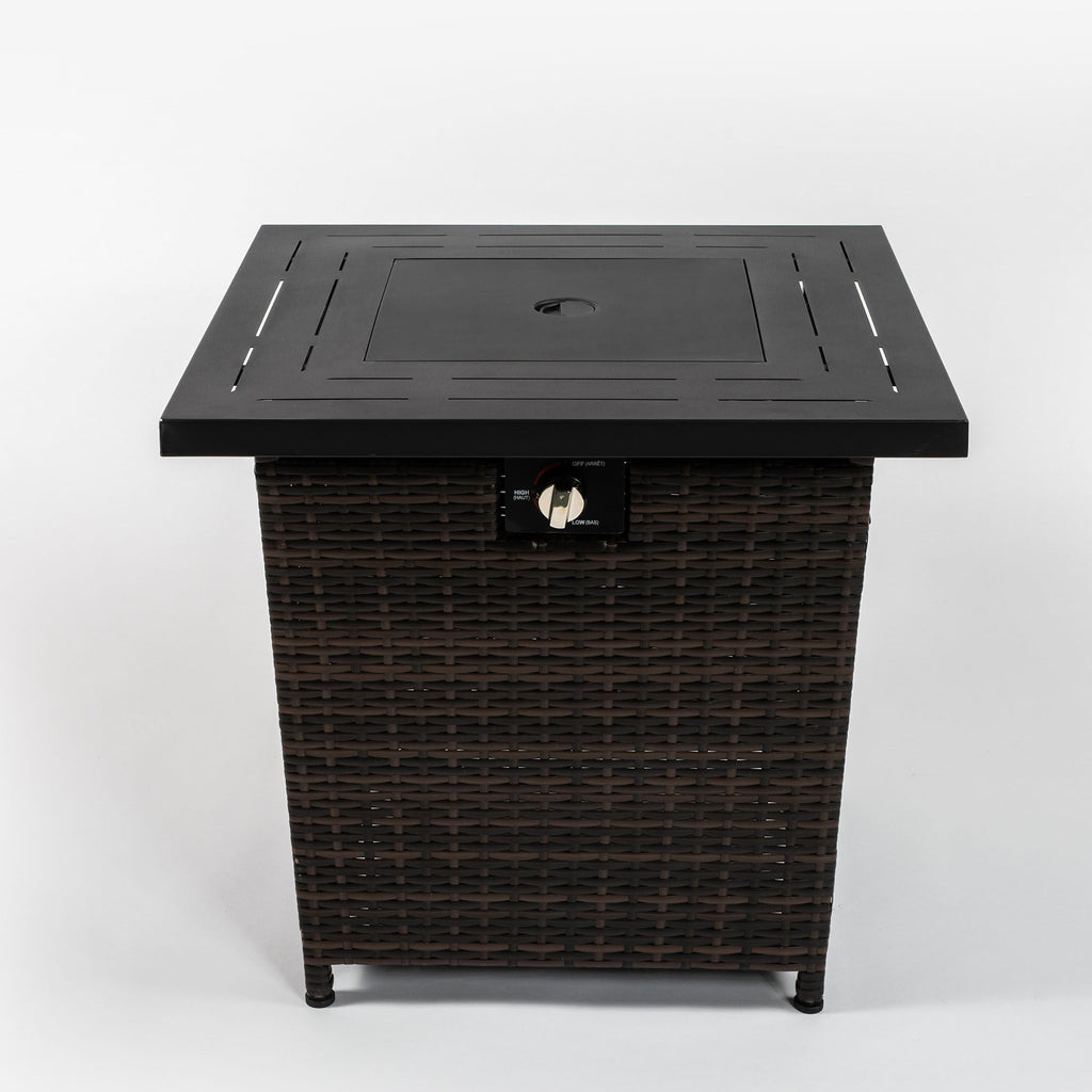 28 Inch Black Wicker Outdoor Propane Gas Fire Pit Table Steel Top 50000 BTU