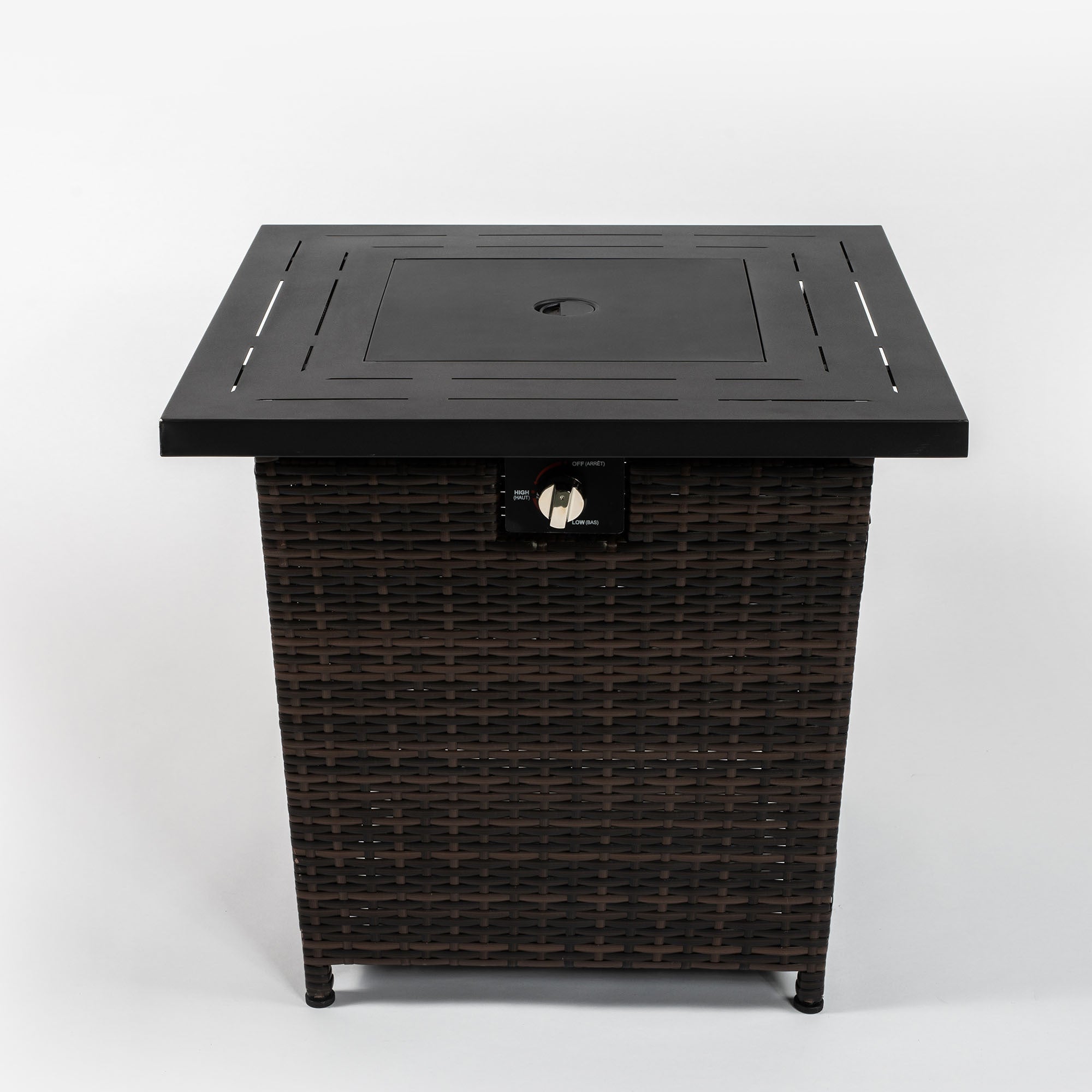 28 Inch Black Wicker Outdoor Propane Gas Fire Pit Table Steel Top 50000 BTU