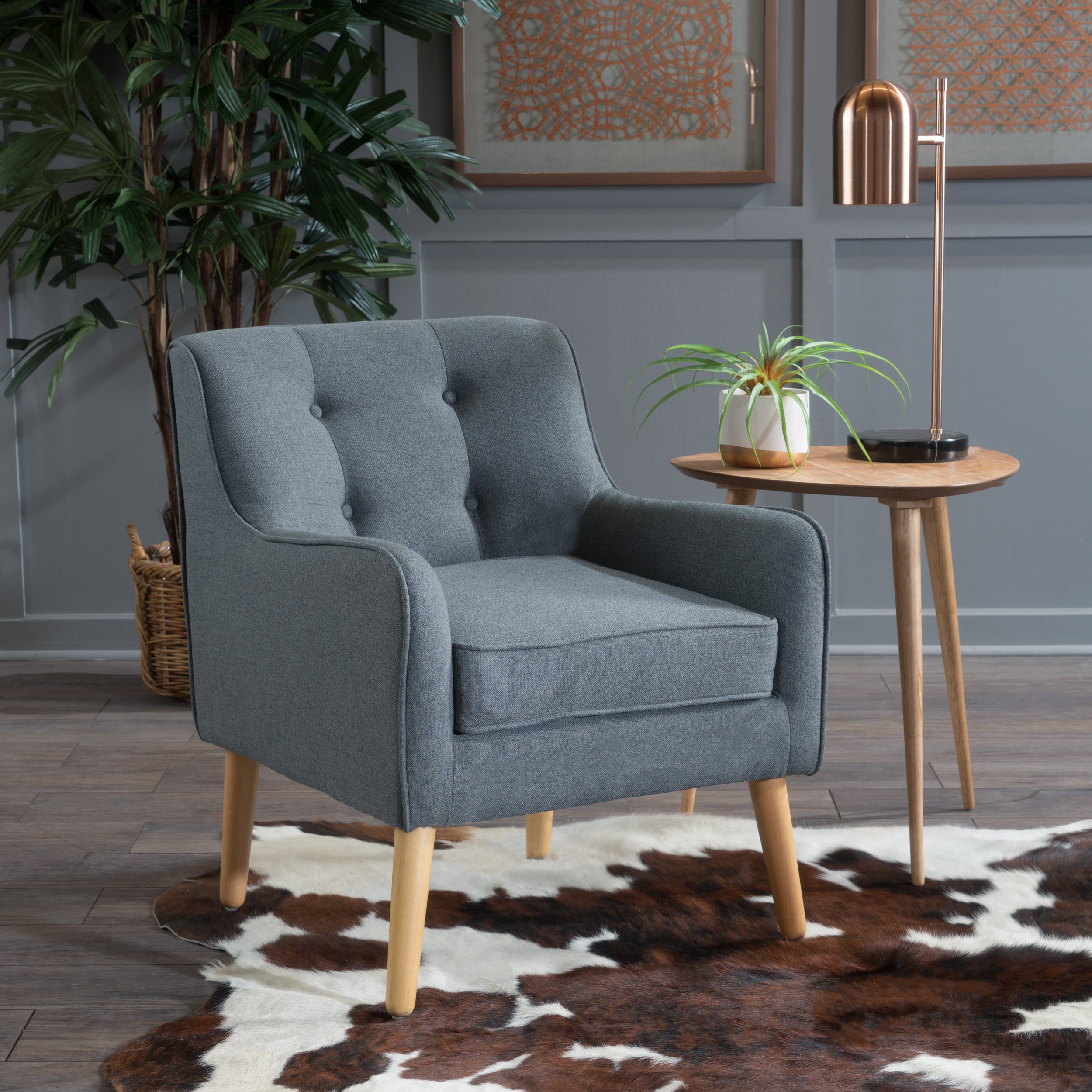 Accent Chair Mid-Century Charcoal Fabric Tufted Back Wood Legs 25x30x31 In
