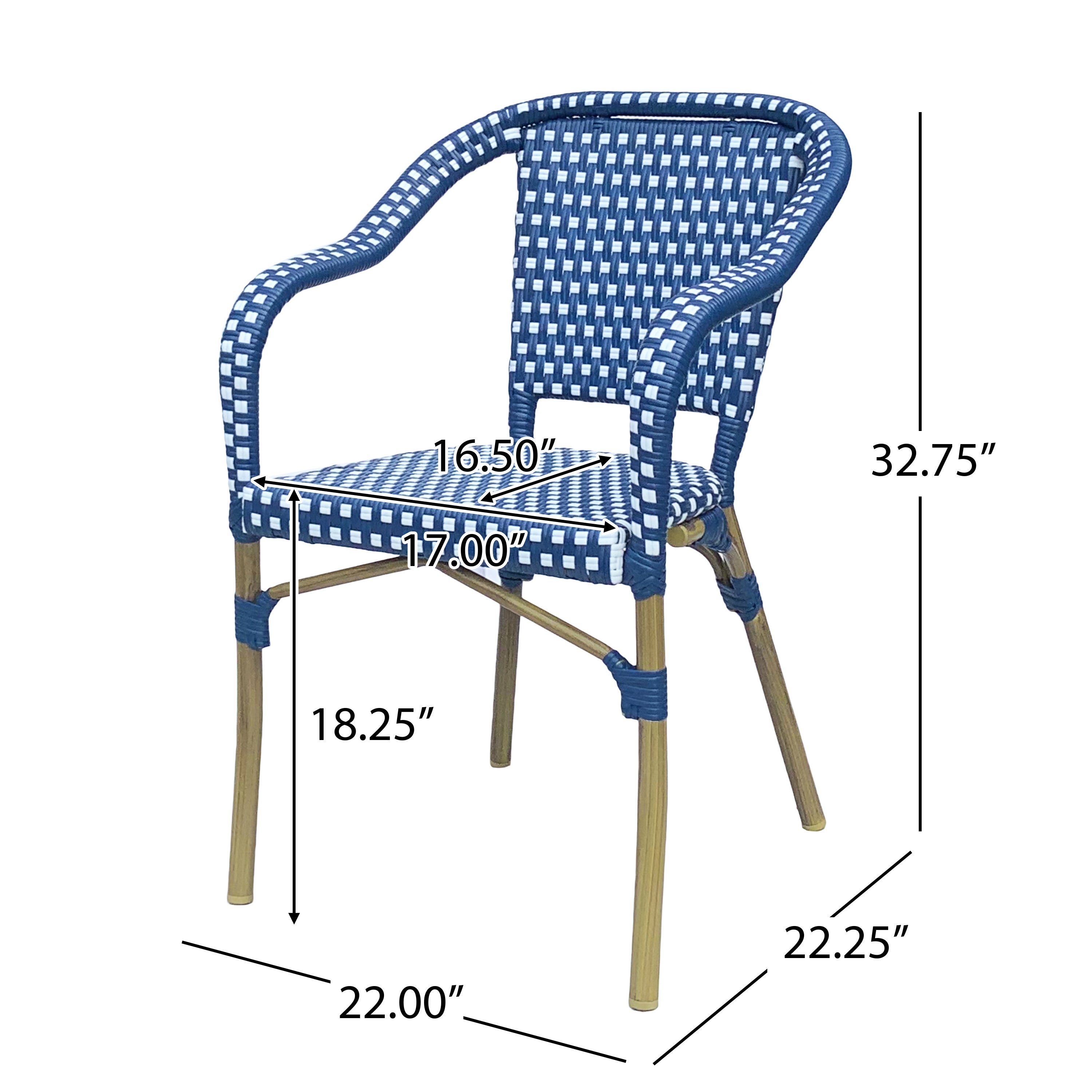 Outdoor Bistro Chair Set of 2, Rattan Wicker Aluminum Frame, White and Navy
